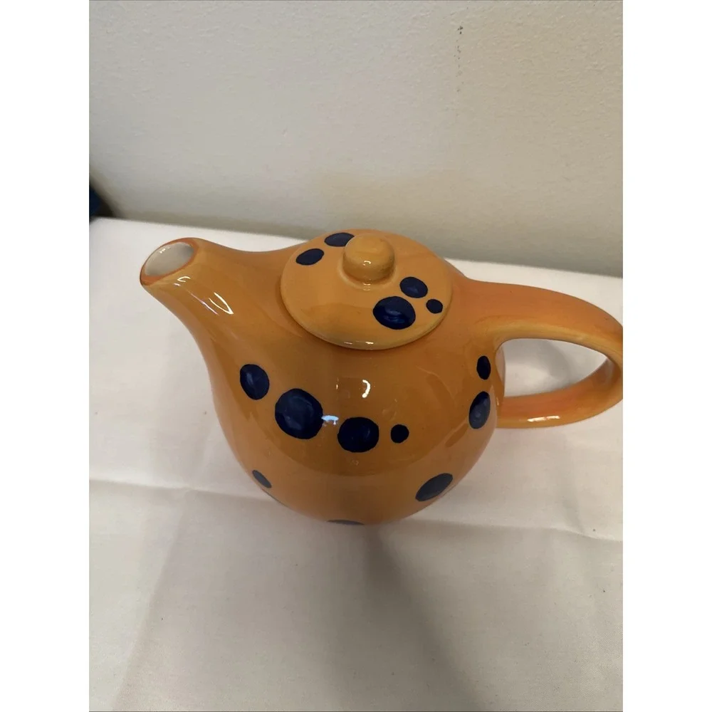 Evandale Hand Painted Ceramic Teapot Orange w Blue Dots w Lid Vintage 70s